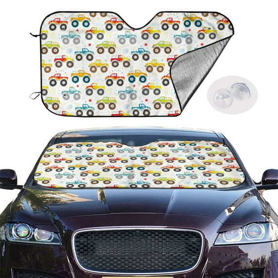 Picia Cartoon Monster Trucks Curved Windshield Sunshade Accordion Folding Style Auto Shade for Car Truck SUV Van Blocks UV Ray Sun Visor Protector -Medium