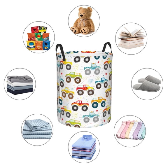 Picia Cartoon Monster Trucks Large Laundry Basket, Waterproof, Freestanding Laundry Hamper, Collapsible Tall Clothes Hamper with Extended Handles-Small