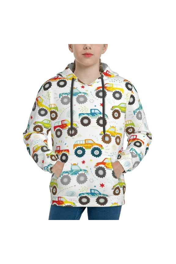 Cartoon Monster Trucks Pattern Youth Hoodie - Warm Pullover Sweatshirt with Kangaroo Pocket, Ideal for Boys and Girls-Medium