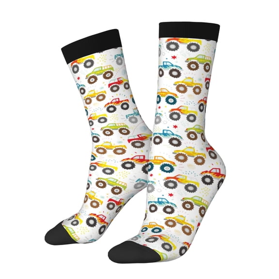 Picia Cartoon Monster Trucks Print Athletic Socks for Men & Women – Cushioned Moisture-Wicking Crew Socks for Sports, Running, and Training, Soft & Breathable Size 5-11