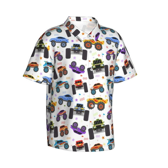 Picia Cartoon Monster Trucks1 Gentle Cotton Regular Fit Short Sleeve Casual Hawaiian Shirt for Men-X-Large
