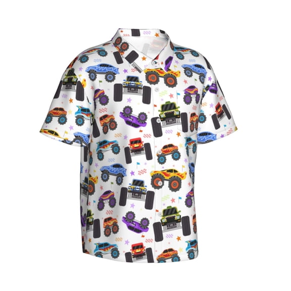 Picia Cartoon Monster Trucks1 Gentle Cotton Regular Fit Short Sleeve Casual Hawaiian Shirt for Men-X-Large