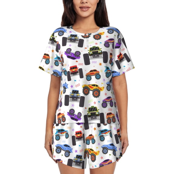 Picia Cartoon Monster Trucks1 Pajamas Sets for Women Soft Short-Sleeved Pjs with Lounge Shorts Two Piece Sleepwear-XX-Large