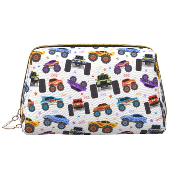 Picia Cartoon Monster Trucks1 Print Leather Makeup Bag Make Up Bag Travel Toiletry Bag for Her Girlfriend Teacher Teen Girl Gifts