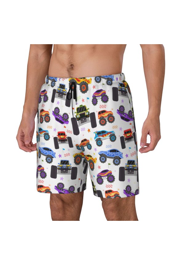 Cartoon Monster Trucks1 pattern Mens Swim Trunks with Compression Liner Stretch Beach Shorts Quick Dry with Zipper Pockets No-Chafing Board Shorts-3X-Large