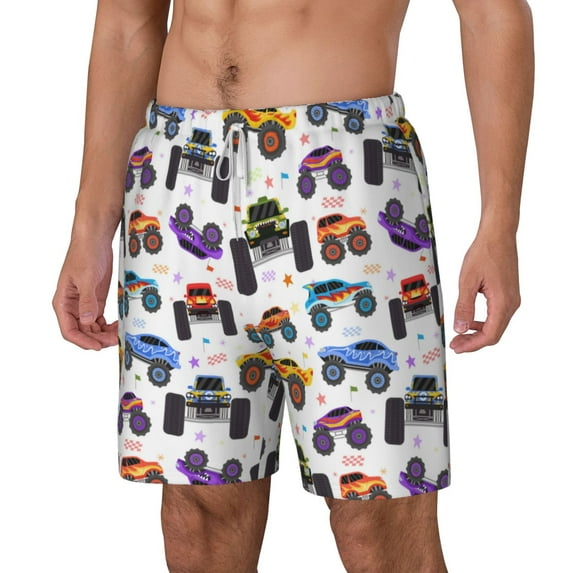 Picia Cartoon Monster Trucks1 pattern Mens Swim Trunks with Compression Liner Stretch Beach Shorts Quick Dry with Zipper Pockets No-Chafing Board Shorts-Large
