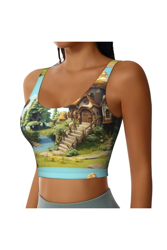 Cartoon Mushroom House Sports Bra for Women,Padded Strappy Sports Bras Medium Support Yoga Bra with Removable Cups,Running Yoga Bra-Medium