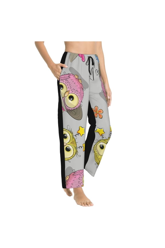 Cartoon Owls Womens Soft Woven Cotton Elastic Waistband Sleep Pajama Pant Lounge Sleep Pant With Pockets And Drawstring-Medium