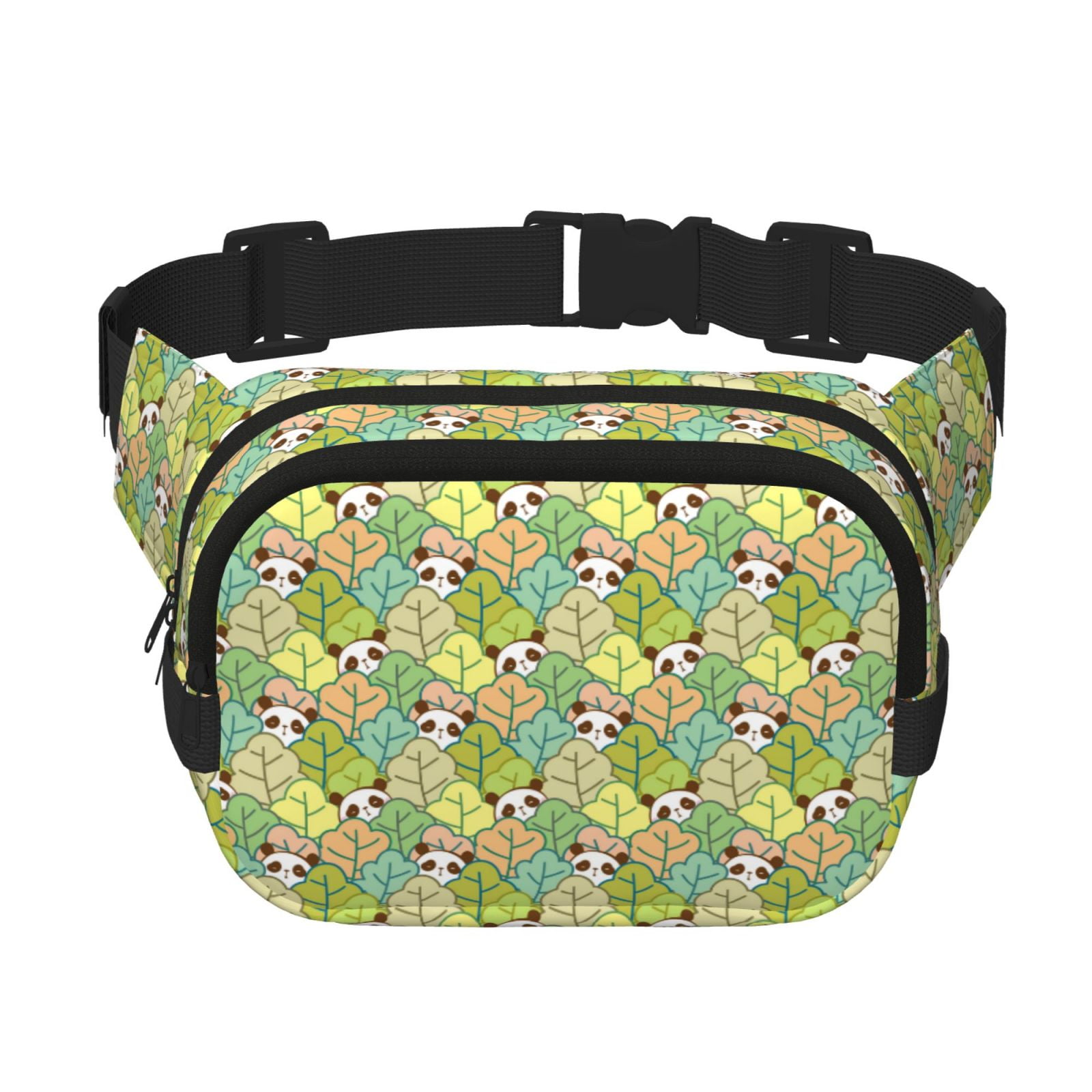 Picia Cartoon Panda And Leaf Print Square Double-Layer Waist Bag Mini Adjustable Waist Belt Bag Exercise Running Travel Hiking