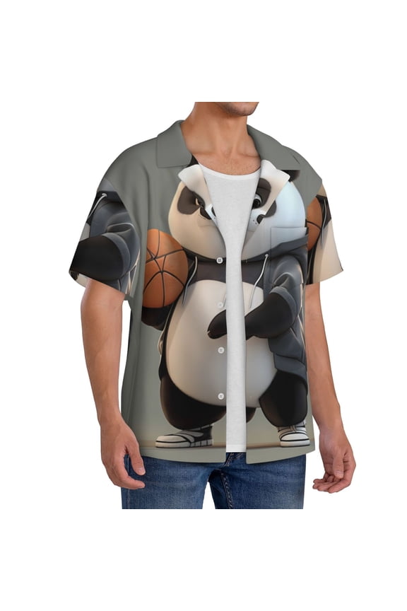 Cartoon Pandas Basketball Men's Linen Shirts Short Sleeve Cuban Beach Shirts Casual Shirts Button Down Shirt for Men Beach Summer Wedding Shirt-4X-Large