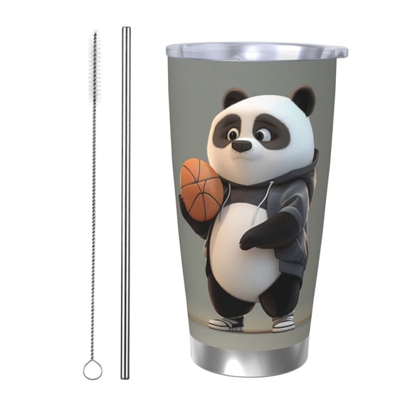 Picia Cartoon Pandas Basketball Pattern 20 oz Tumbler Stainless Steel Vacuum Insulated Coffee Ice Cup Double Wall Travel Flask Dual Lid Water Bottle, Eco-friendly Car Cup
