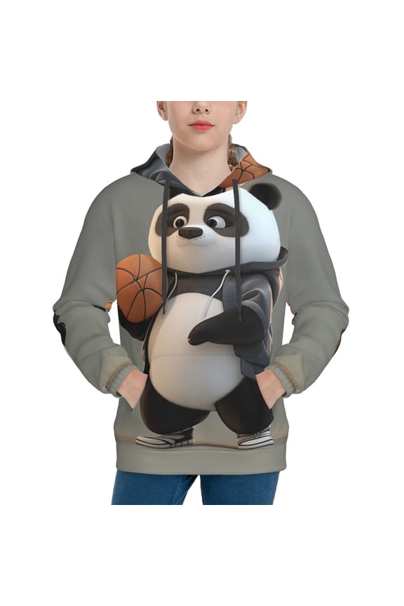 Cartoon Pandas Basketball Pattern Youth Hoodie - Warm Pullover Sweatshirt with Kangaroo Pocket, Ideal for Boys and Girls-Medium