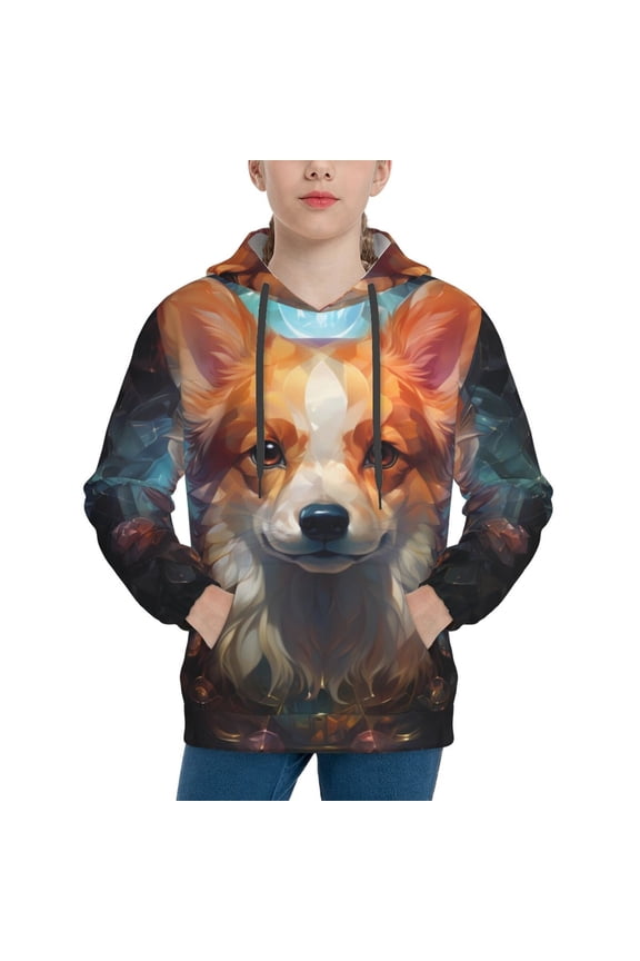 Cartoon Pattern Corgi Pattern Youth Hoodie - Warm Pullover Sweatshirt with Kangaroo Pocket, Ideal for Boys and Girls-Medium