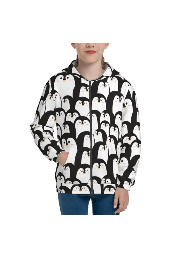 Cartoon Penguin for Boys Fashion Full-zip Hoodies & Sweatshirts with Kangaroo Pocket,Zip-up Hooded Sweatshirt for Kid, Moisture Wicking & Breathable-Medium
