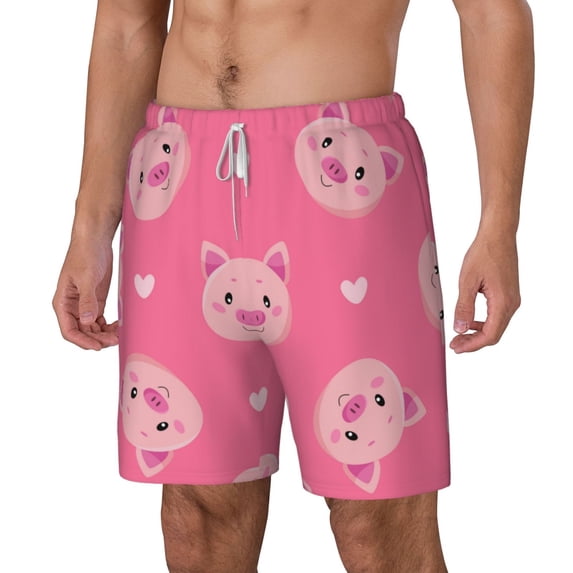 Picia Cartoon Pigs and Hearts pattern Mens Swim Trunks with Compression Liner Stretch Beach Shorts Quick Dry with Zipper Pockets No-Chafing Board Shorts-Medium