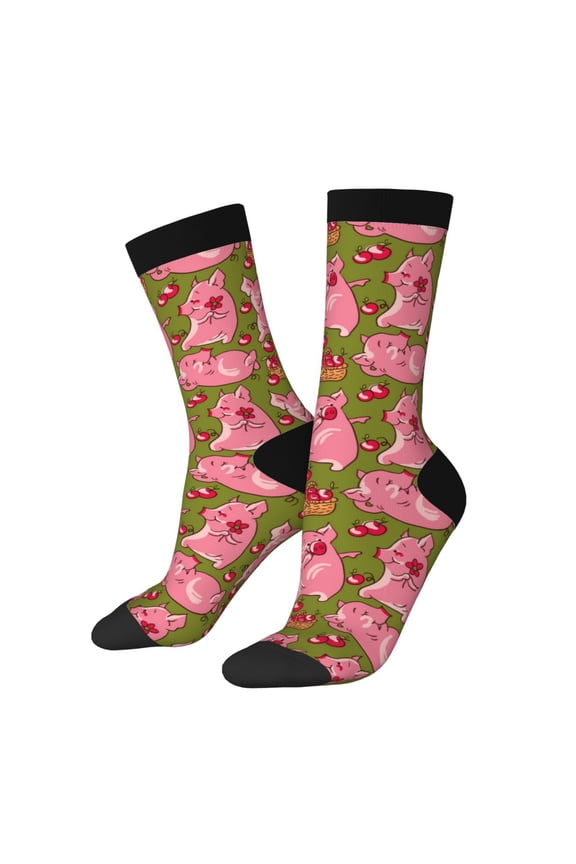 Cartoon Pigs Print Athletic Socks for Men & Women – Cushioned Moisture-Wicking Crew Socks for Sports, Running, and Training, Soft & Breathable Size 5-11
