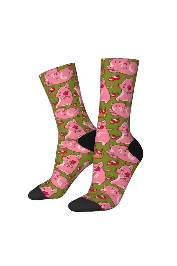 Cartoon Pigs Print Athletic Socks for Men & Women – Cushioned Moisture-Wicking Crew Socks for Sports, Running, and Training, Soft & Breathable Size 5-11