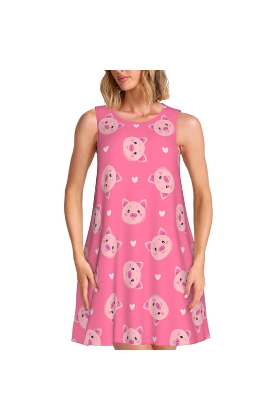 Cartoon Pigs and Hearts Print Women’s Sleeveless Midi Swing Dress – A-Line Pleated Tank Sundress, Comfortable and Flowy T-Shirt Dress