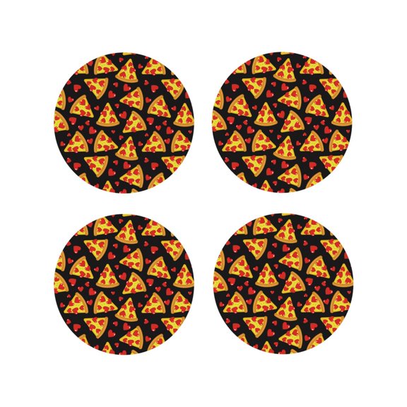Picia Cartoon Pizza Printed Leather Coasters for Drinks, 4" Drink Coasters Set of 4 for Tabletop Protection, Handmade Luxurious Home Décor and Housewarming Gift -Round Shape