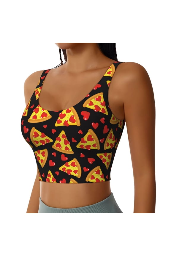 Cartoon Pizza Sports Bra for Women,Padded Strappy Sports Bras Medium Support Yoga Bra with Removable Cups,Running Yoga Bra-Medium