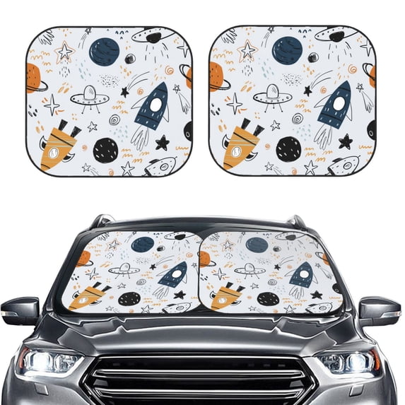 Picia Cartoon Planets 2 Piece Car Windshield Sun Shade Foldable | Foldable Sun Shield for Front Window Blocks UV Rays and Keeps Your Vehicle Cool-