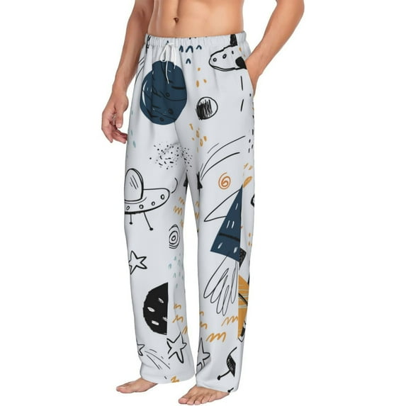 Picia Cartoon Planets Mens Soft Woven Cotton Elastic Waistband Sleep Pajama Pant Lounge Sleep Pant With Pockets And Drawstring-Small