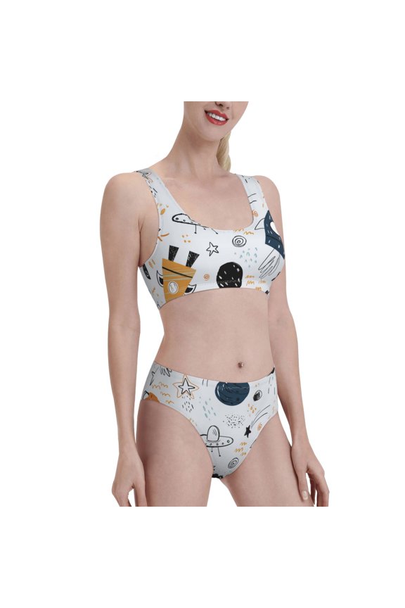 Cartoon Planets Women's High Waisted Bikini Scoop Neck Swimsuit Two Pieces Bathing Suit-Medium