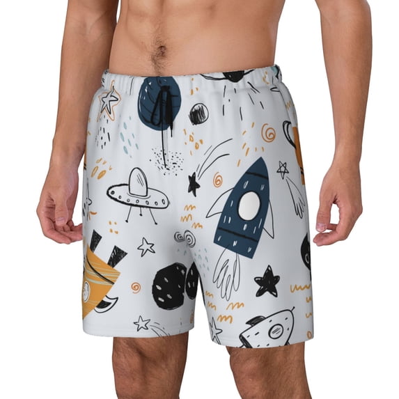 Picia Cartoon Planets pattern Mens Swim Trunks with Compression Liner Stretch Beach Shorts Quick Dry with Zipper Pockets No-Chafing Board Shorts-Large