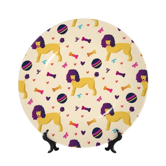 Picia Cartoon Poodle Dog Pattern Bone China Decorative Plate – Wall Decor with Stand and Adhesive, Elegant Ornament for Living Room, Office, or Entryway-6in