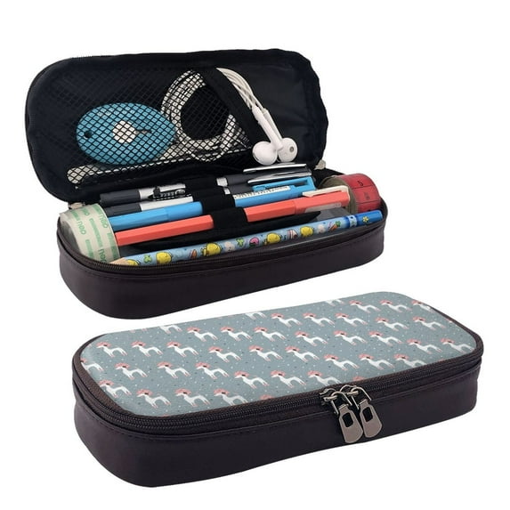 Picia Cartoon Poodle Dog Pattern Large Capacity PU Leather Pencil Case Organizer Pen Marker Holder Double Zipper Storage Bag Big Pencil Pouch for College Office