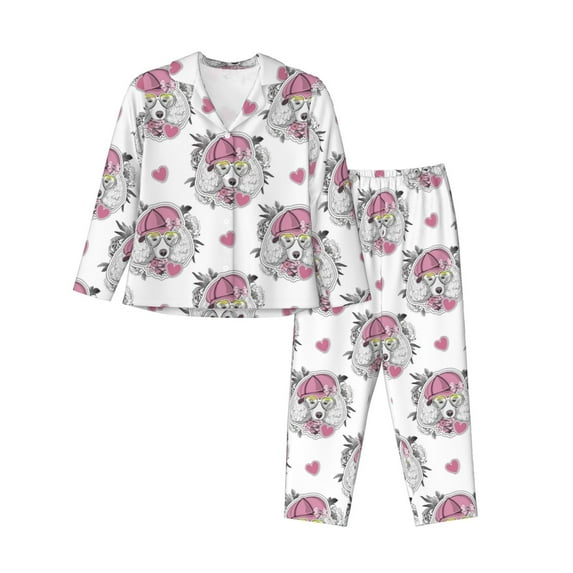 Picia Cartoon Poodle Dog Pattern Women’s Long-Sleeve Sleepwear Set - Soft 2-Piece Loungewear with Pockets, Comfy PJs for Relaxing Nights-XX-Large