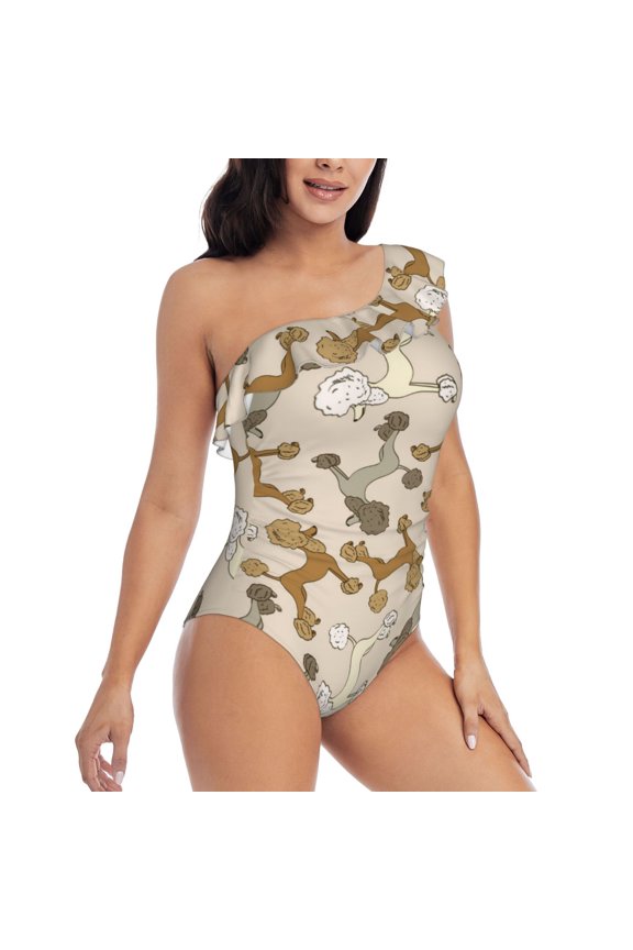 Cartoon Poodle Dog Pattern Women's One Piece Swimsuits,One Shoulder Swimwear Asymmetric ,Ruffle Monokinis Bathing Suits,High Waisted Flattering Bathing Suits-Medium