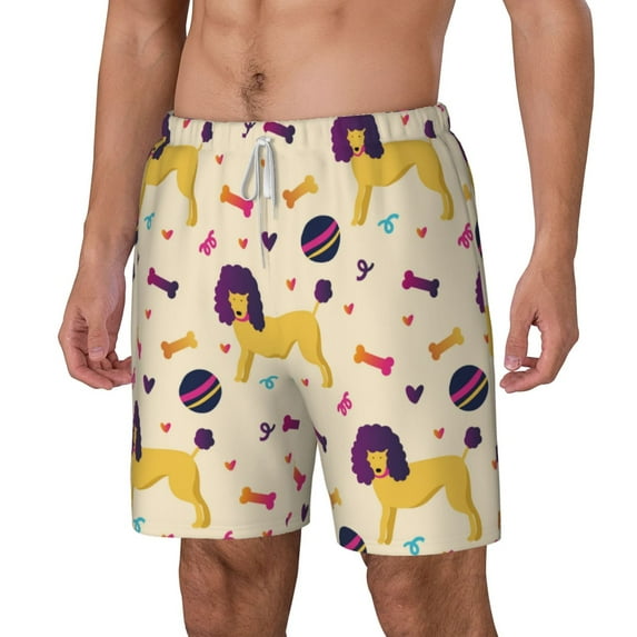 Picia Cartoon Poodle Dog pattern Mens Swim Trunks with Compression Liner Stretch Beach Shorts Quick Dry with Zipper Pockets No-Chafing Board Shorts-Small