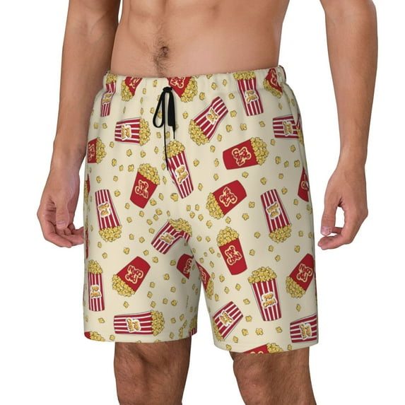 Picia Cartoon Popcorn pattern Mens Swim Trunks with Compression Liner Stretch Beach Shorts Quick Dry with Zipper Pockets No-Chafing Board Shorts-X-Large