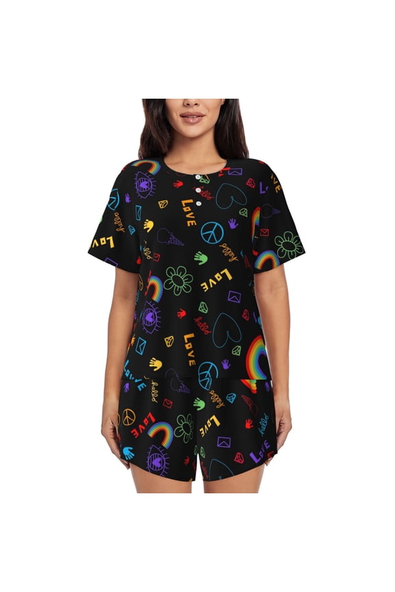 Cartoon Pride Lgbt Pajamas Sets for Women Soft Short-Sleeved Pjs with Lounge Shorts Two Piece Sleepwear-XX-Large