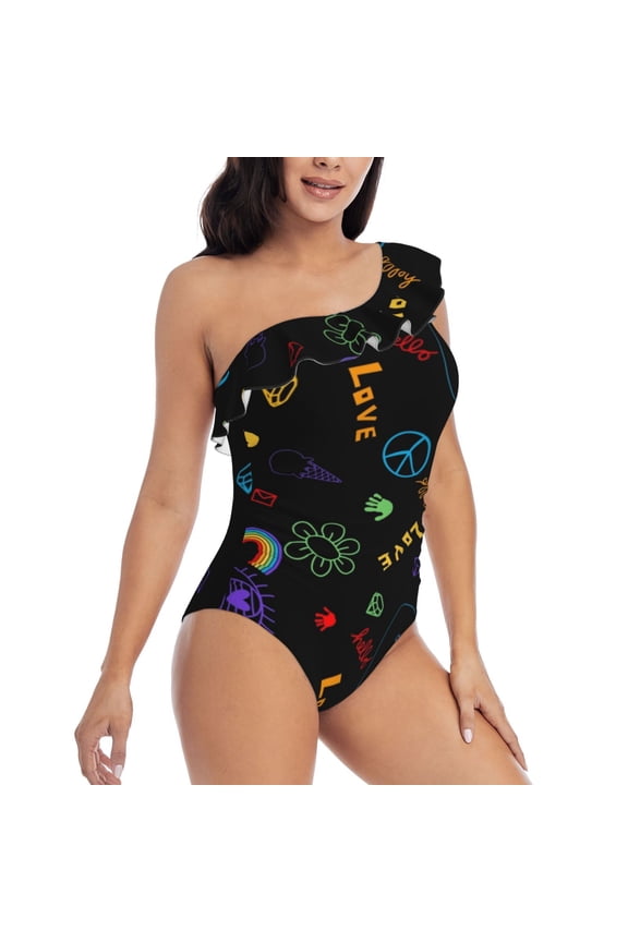 Cartoon Pride Lgbt Pattern Women's One Piece Swimsuits,One Shoulder Swimwear Asymmetric ,Ruffle Monokinis Bathing Suits,High Waisted Flattering Bathing Suits-Large