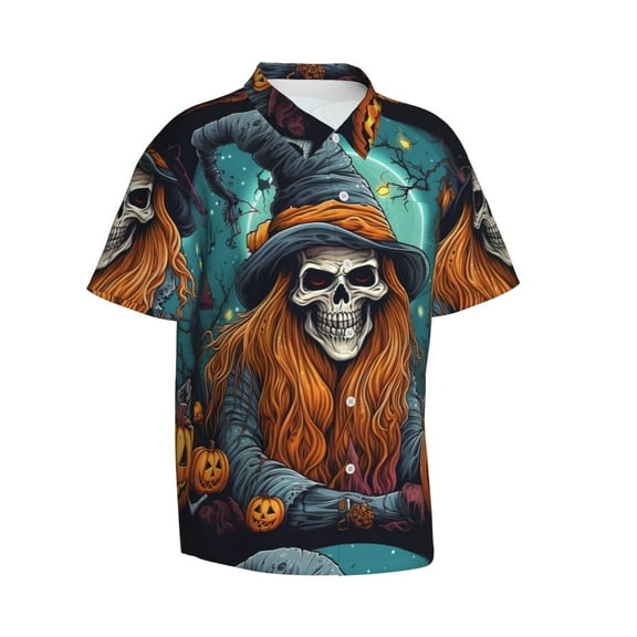 Picia Cartoon Pumpkin Skull Gentle Cotton Regular Fit Short Sleeve Casual Hawaiian Shirt for Men-3X-Large