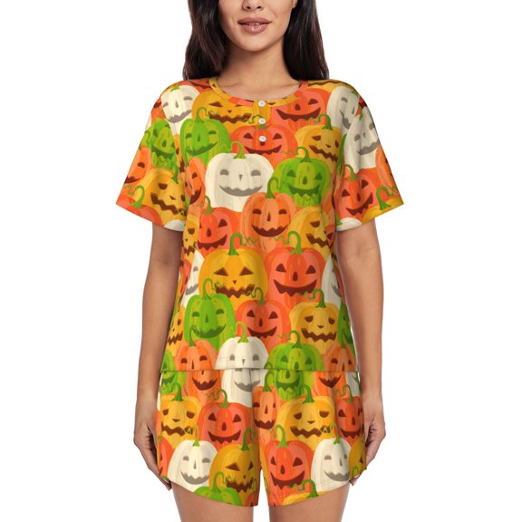 Picia Cartoon Pumpkins Pajamas Sets for Women Soft Short-Sleeved Pjs with Lounge Shorts Two Piece Sleepwear-Medium
