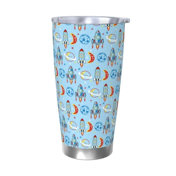 Picia Cartoon Rocket With Space Pattern 20 oz Tumbler Stainless Steel Vacuum Insulated Coffee Ice Cup Double Wall Travel Flask Dual Lid Water Bottle, Eco-friendly Car Cup-Without Straw