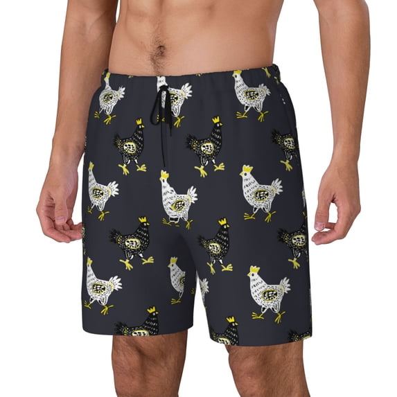 Picia Cartoon Rooster pattern Mens Swim Trunks with Compression Liner Stretch Beach Shorts Quick Dry with Zipper Pockets No-Chafing Board Shorts-Medium