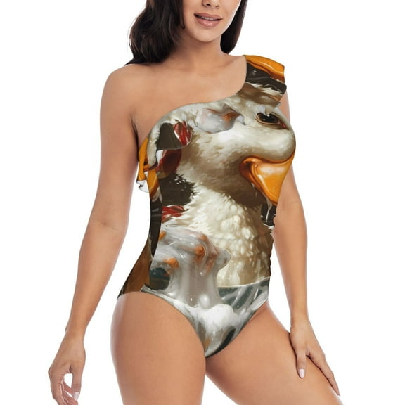 Picia Cartoon Scottish Duck Pattern Women's One Piece Swimsuits,One Shoulder Swimwear Asymmetric ,Ruffle Monokinis Bathing Suits,High Waisted Flattering Bathing Suits-Medium