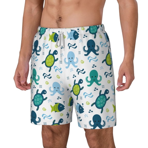 Picia Cartoon Sea Creatures pattern Mens Swim Trunks with Compression Liner Stretch Beach Shorts Quick Dry with Zipper Pockets No-Chafing Board Shorts-3X-Large