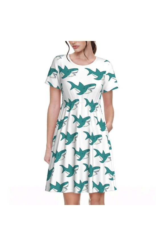 Cartoon Shark Pattern Women's Short Sleeve Summer Dress Pleated Loose Swing Knee Length Short Sleeve Swing Dresses