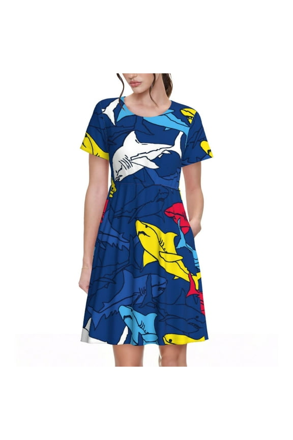 Cartoon Shark Pattern Women's Short Sleeve Summer Dress Pleated Loose Swing Knee Length Short Sleeve Swing Dresses