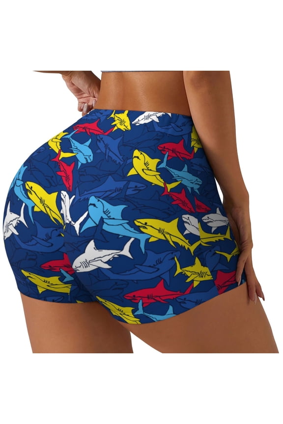 Cartoon Shark Printed Workout Shorts for Women Seamless Scrunch Butt Lifting High Waisted Yoga Gym Booty Running Moisture-wicking Short Pants-