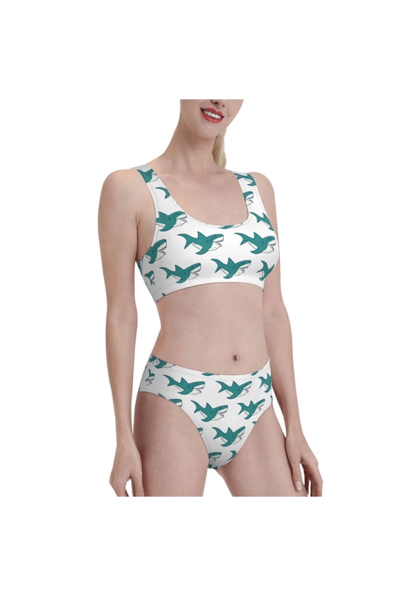 Cartoon Shark Women's High Waisted Bikini Scoop Neck Swimsuit Two Pieces Bathing Suit-Small
