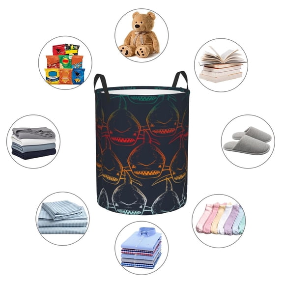 Picia Cartoon Sharks Large Laundry Basket, Waterproof, Freestanding Laundry Hamper, Collapsible Tall Clothes Hamper with Extended Handles-Medium
