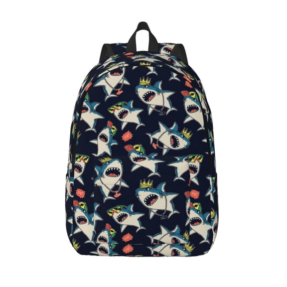 Picia Cartoon Sharks Printed Canvas Daypack - Stylish and Durable Vintage Compact Backpack - Class, Work, Travel, or Laptop Bookbag,Organized Compartments-Medium
