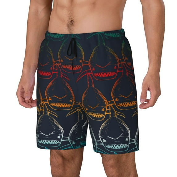 Picia Cartoon Sharks pattern Mens Swim Trunks with Compression Liner Stretch Beach Shorts Quick Dry with Zipper Pockets No-Chafing Board Shorts-X-Large