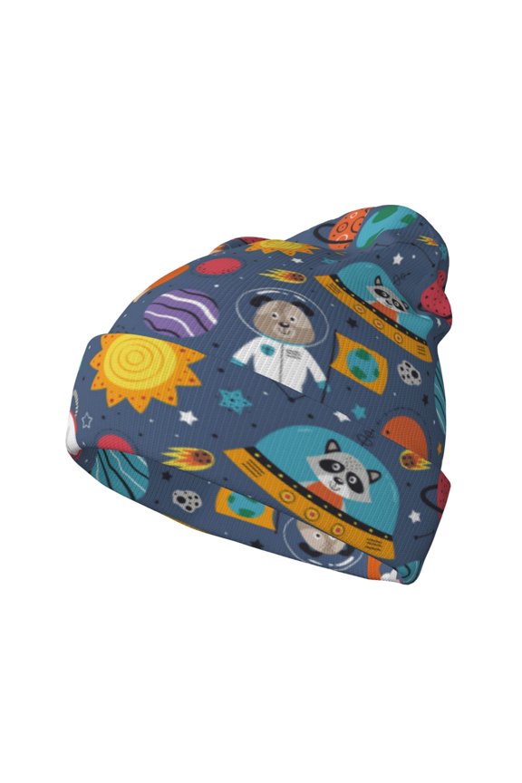Cartoon Space Pattern Knitted Beanie Hat for Men and Women , Unisex Winter Warm Stretchy Knit Cap Thick Fisherman Beanies Cuffed Plain Skull Caps